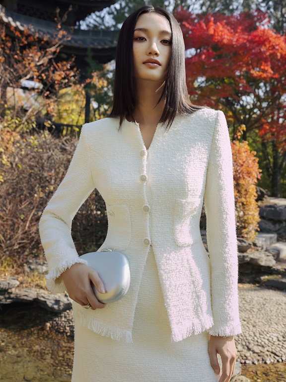 Áo vest tweed cổ xẻ V gấu tua rua_CV.5-1208